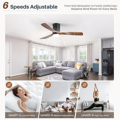CACI Mall Smart 52 inch Wood Flush Mount Ceiling Fans with Lights and Remote, 3 Blades, Low Profile, Modern, Compatible with Alexa/Google/App, Outdoor Indoor Ceiling Fans for Bedroom/Farmhouse/Patio