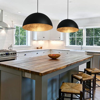 15 Inch Black and Gold Leaf Pendant Light, Grainy Matte Black Dome Chandelier with Hand-Applied Gold Leaf Interior, E26 Socket for Kitchen Island, Dining Room, or Bar