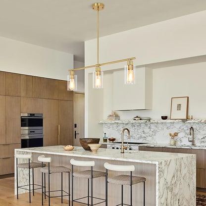 3-Light Kitchen Island Lighting, Farmhouse Dining Room Light Fixtures Over Table, Modern Gold Island Lights Over Island, 31" Linear Chandelier Hanging Ceiling Pendant Light Fixtures for Kitchen