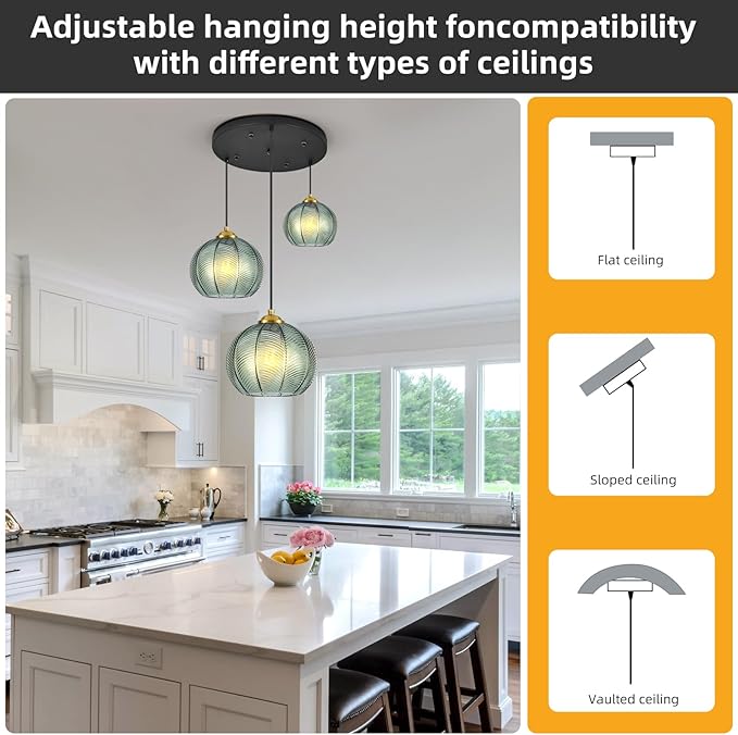 Mint Green Glass Chandelier, 3 Light Pendant Light Fixtures Kitchen Island Lighting Century Modern Kitchen Island Pendant Lighting Hanging Lights Multi Light Cluster Pendant Lighting（Without Bulb）