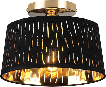 Modern Ceiling Light Fixture, 10 Inch Semi Flush Mount Lamp with Black Cut-Out Linen Shade, E26 Base, Gold for Kitchen Bedroom Hallway Closet Entryway Room Small Spaces
