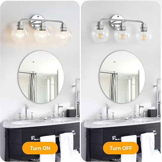 Bathroom Light Fixtures Chrome Vanity Light Silver 3 Light Modern Wall Sconces Lighting Bathroom Lights with Globe Glass Shades Bath Wall Lights Wall Lamp for Mirror Kitchen Living Room Hallway