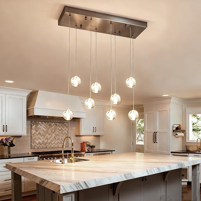 8 Lights Nickel Raindrop Rectangle Chandelier, Modern Bubble Crystal Chandelier for Dining Room, Large Pendant Light for High Ceilings Staircase Foyer Entryway Living Room Kitchen Island