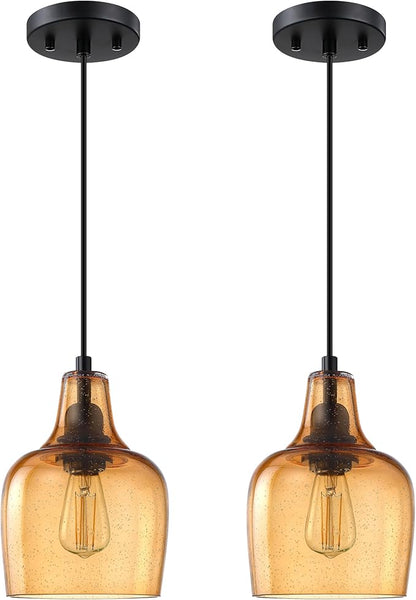 2 Pack 1 Light Indoor Hanging Kitchen Island Pendant Ceiling Light 6.1" Gold Glass Fixture,Black Finish for Farmhouse Over Sink Bedroom Hallway