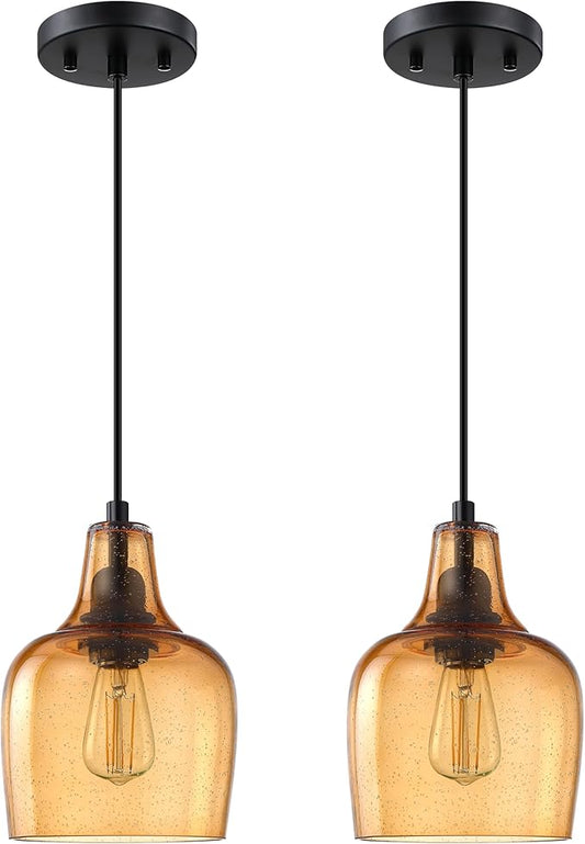 2 Pack 1 Light Indoor Hanging Kitchen Island Pendant Ceiling Light 6.1" Gold Glass Fixture,Black Finish for Farmhouse Over Sink Bedroom Hallway