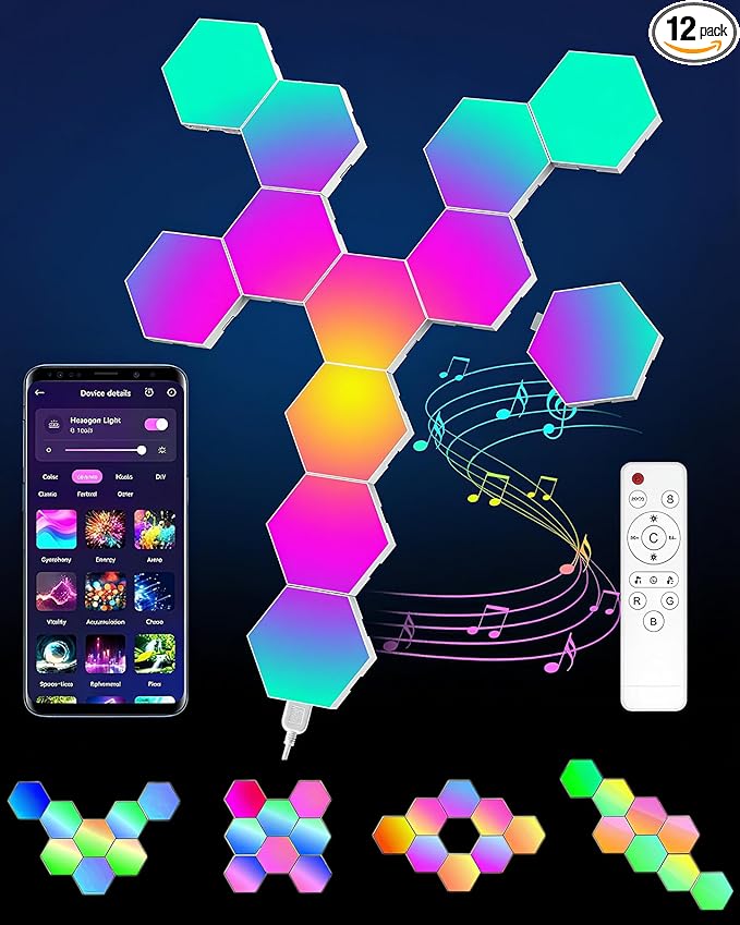 Kangtaixin Hexagon LED Lights 12 Pack - RGB Wall Panels with Music Sync, Smart App & Remote Control, DIY Modular Hex Light for Gaming Room, Bedroom, Living Room, Wall Decor