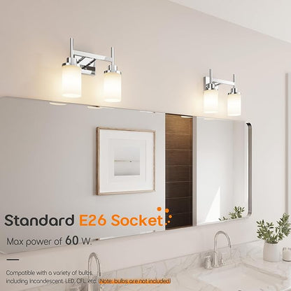 Vanity Lights Polished Chrome Bathroom Light Fixtures with White Frosted Glass Shade, Double Wall Sconces for Mirror Hallway Entrance Porch T001CH-L2