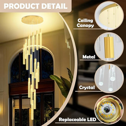 Luxurious K9 Crystal Chandelier,Gold 16-Light Large Modern Crystal Column Chandelier,Crystal Drop High Ceiling Pendant Light Fixture for Home Hotel Store