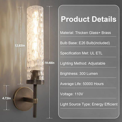 Bronze Wall Sconces, 19.5" Brushed Brass Knurled Bathroom Wall Sconces with Water Ripple Glass Shade, Dimmable Indoor Vanity Wall Light Fixtures for Living Room Hallway Bedroom Staircase