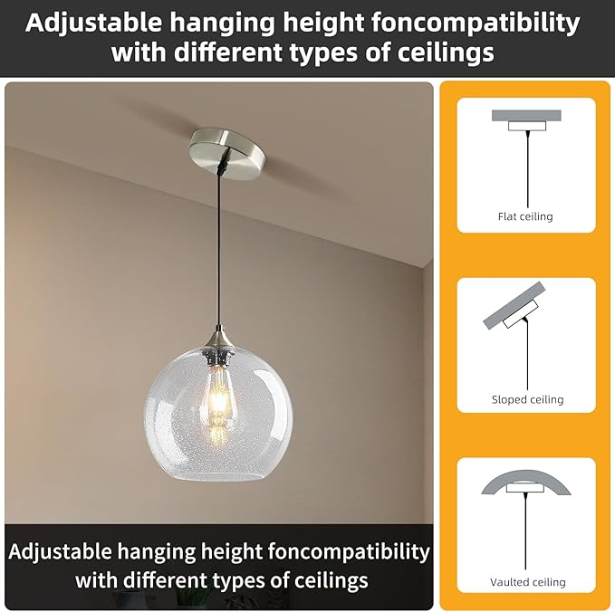 Modern 2-Pack Glass Globe Pendant Lights, Clear Modern Pendant Lighting for Kitchen Island, Clear Glass Hanging Lamps for Dining Room Living Room Bedroom, Small 5.9 Inch Fixture (Bulbs Not Included)