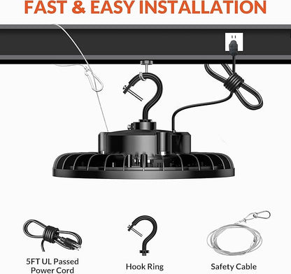 LED High Bay Light 150W 21000LM 5000K, LED Shop Lights for Garage Super Bright with 110-277V US Plug 5’ Cable Waterproof UFO Commercial Warehouse Workshop Factory Area Lighting Fixture, 2 Pack