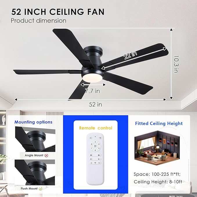 Hounberi 52" Flush Mount Ceiling Fan with Lights and Remote, Modern Black Low Profile Ceiling Fan, Quiet Reversible DC Motor, 3CCT Dimmable LED, Ideal for Bedroom, Living Room and Low Ceilings, Black