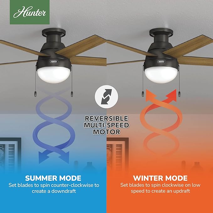 Hunter 46 inch Indoor Ceiling Fan with LED Light - Bronze Ceiling Fan with Pull Chain, For Bedroom, Living Room, or Kitchen, Low Profile Mount, No Remote, 5 Blades - Anslee 59268, Premier Bronze
