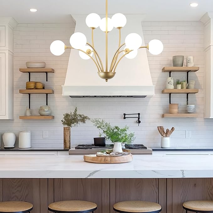 29.7” Modern Gold Chandelier 9-Lights Modern Vintage Golden Chandelier Light Fixture Rustic Farmhouse Glass Chandeliers for Dining Room, Kitchen Island, Bedroom, Living Room, Foyer, G9