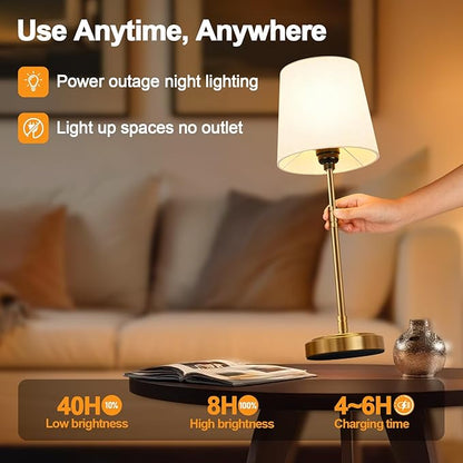 Cordless Table Lamps Set of 2 – Battery Operated Lamp with 7500mAh Rechargeable Battery, Stepless Dimmable Vintage Brushed Gold Desk Wireless Lamps for Dining Room, Nightstand & Patio (Bulbs Included)
