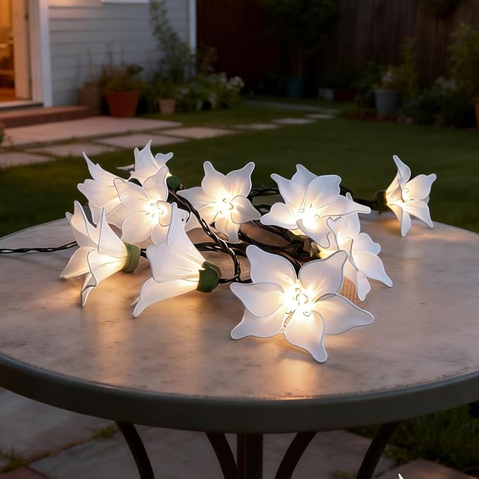Flower String Lights Plug in with 10 LED Bulbs, Decorative Spring String Lights Indoor for Bedroom, Connectable Flower Fairy Lights Outdoor for Patio Garden Porch Floral Wedding Gifts(White Lily)