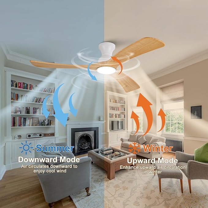 Flush Mount Ceiling Fans with Lights,52 inch,Remote Control,Wall Switch,Solid Wood Blades,Dimmable,Reversible Noiseless,Power Off Memory Modern Ceiling Fan Indoor/Outdoor for Bedroom Patios