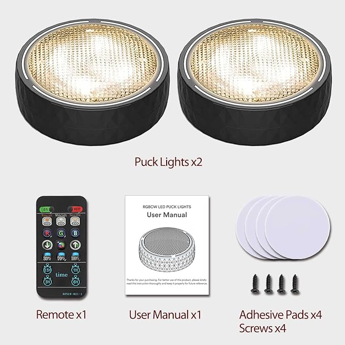 Onumii Battery Operated Under Cabinet Lighting with Remote, Wireless LED Puck Lights Color Changing with Timer, Stick On Closet Lights for Kitchen Cabinets Shelf Display - 2 Pack Black