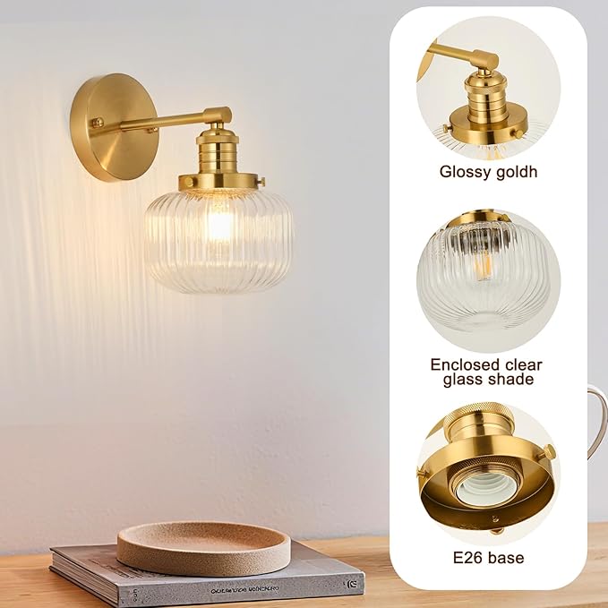 Hard Wired Vintage Wall Sconce with Clear Ribbed Glass Shade,Indoor 1-Light Wall Mounted Lamp for Bedroom Living Room Bathroom Hallway