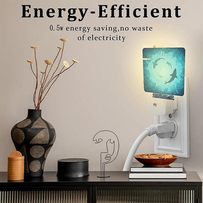 Blue Sharks and Corals Underwater World Fish Marine Lifes Dusk to Dawn Night Light Plug in, 0.5w Energy Saving Sleep Friendly NightLight for Kids Boys Girls Home Decor
