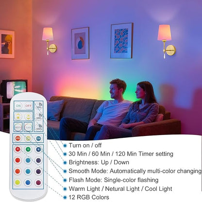 Wireless Wall sconces Set of Two,10000 Mah Battery Operated Wall Sconce with Remote,Dimmable 12 RGBS Rechargeable Wall Sconce,Cordless sconces wall decor set of 2 for Living Room,Bedroom (Gold)
