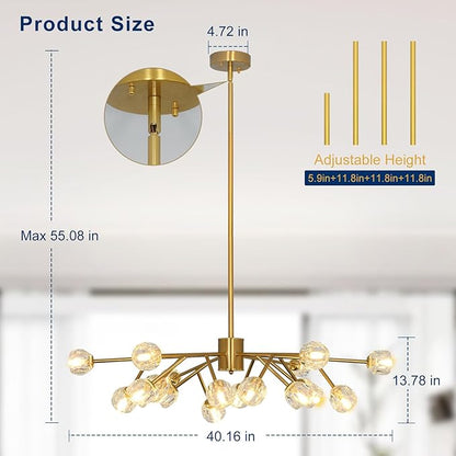 Depuley Modern Gold Sputnik Chandelier: 18-Light Large Crystal Glass Chandelier for Living Room - Kitchen Island Light Fixture Mid Century Hanging Lamp for Dining Room (Included G9 Bulbs)