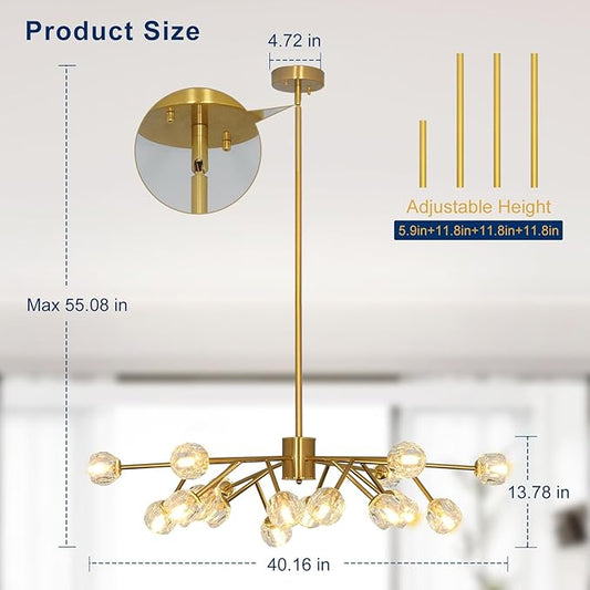 Depuley Modern Gold Sputnik Chandelier: 18-Light Large Crystal Glass Chandelier for Living Room - Kitchen Island Light Fixture Mid Century Hanging Lamp for Dining Room (Included G9 Bulbs)