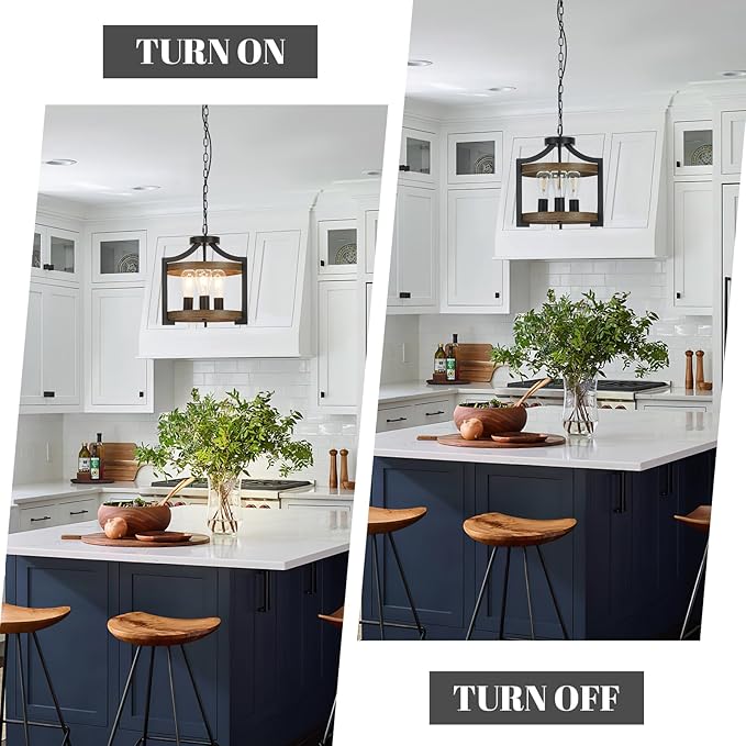 3-Light Farmhouse Chandelier, 14.17" Black Metal Faux Wood Pendant Light Fixtures, Hanging or Semi Flush Mount Rustic Chandelier for Dining Room, Foyer, Living Room, Kitchen