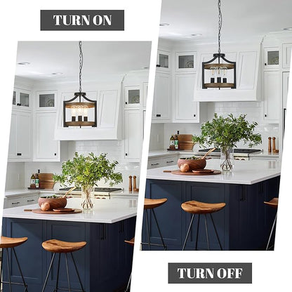 3-Light Farmhouse Chandelier, 14.17" Black Metal Faux Wood Pendant Light Fixtures, Hanging or Semi Flush Mount Rustic Chandelier for Dining Room, Foyer, Living Room, Kitchen