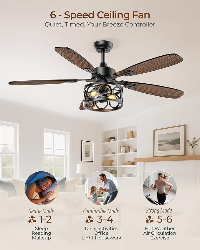Ceiling Fans with Lights and Remote, 52'' Vintage Caged Ceiling Fan with Light, 5 Blades, 6+1 Speed, Flush Mount Ceiling Fan Whisper-quiet for Farmhouse, Living Room, Kitchen and Porch (52 Inch)