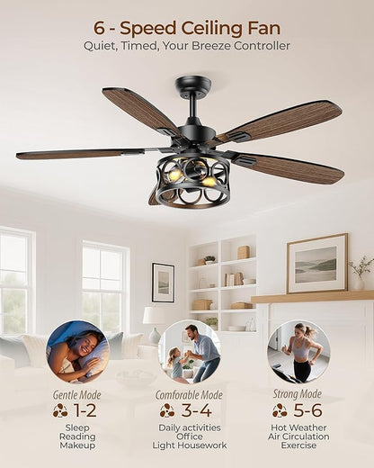 Ceiling Fans with Lights and Remote, 42'' Vintage Caged Ceiling Fan with Light, 5 Blades, 6+1 Speed, Flush Mount Ceiling Fan Whisper-quiet for Farmhouse, Living Room, Kitchen and Porch (42 Inch)