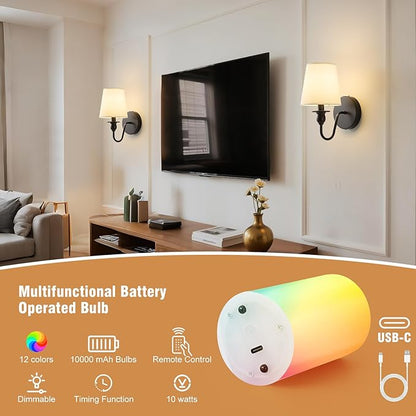 Battery Operated Wall Sconce Set of 2,Wireless Wall Sconces with 10000 mAh,RGB Rechargeable Sconces with Remote,Cordless Wall Lights for Bedroom,Living Room,Bathroom,Renter Friendly Home Decor (Black)