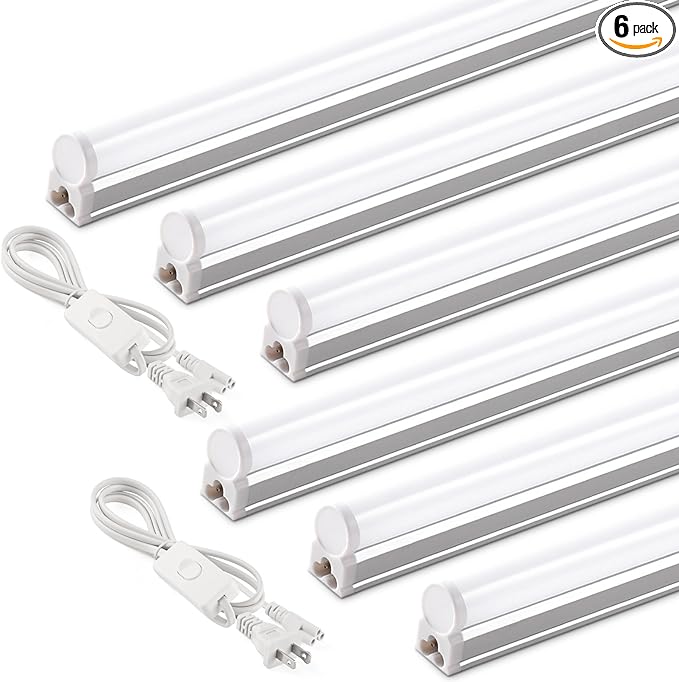 Barrina T5 4FT LED Shop Light, 2 Pcs Power Cords 6500K Super Bright White 2200lm 20W Utility Light Fixture, Ceiling Commercial Bay Light for Workshop Garage, Corded Electric with ON/Off Switch, 6 Pack