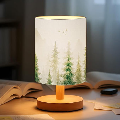 VIHOSE Pine Tree Bedside Table Lamp Forest Table Lamp Vintage Nightstand with Linen Fabric Shade Solid Wood Base Decoration for Kids Living Room Bedroom Desk Dorm