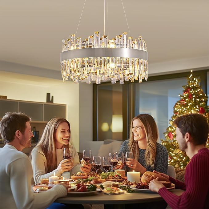 Siljoy 12-Light Modern Crystal Chandeliers Luxury 2-Tiers K9 Crystal Raindrop Chandelier Adjustable Dimmable Crystal Ceiling Light for Dining Room Living Room Bedroom Kitchen D19.7''