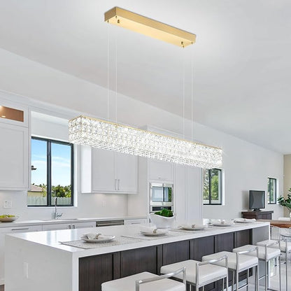 ykolupty Rectangle Crystal Chandelier Modern Gold Crystal Chandelier Rectangular Pendant Lighting Fixture for Dining Room Kitchen Island Bedroom (L 40")