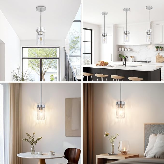 Water Ripple Glass Pendant Lights Kitchen Island Brushed Nickel Pendant Light Fixtures Adjustable Modern Mini Hanging Light for Sink Dining Room Foyer Entryway Bar, 2 Pack