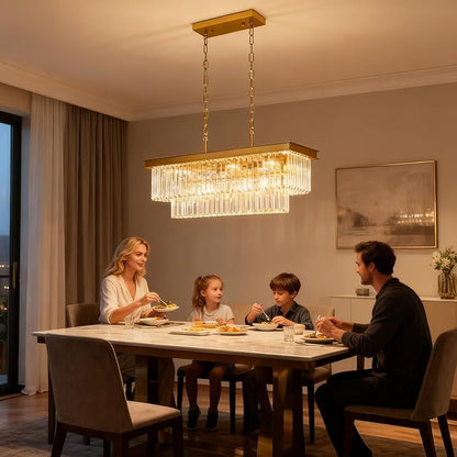Weesalife Crystal Chandeliers for Dining Room Light Fixtures Over Table，9-Lights Gold Modern Rectangle Chandeliers for Kitchen Island Bar L28 Inch