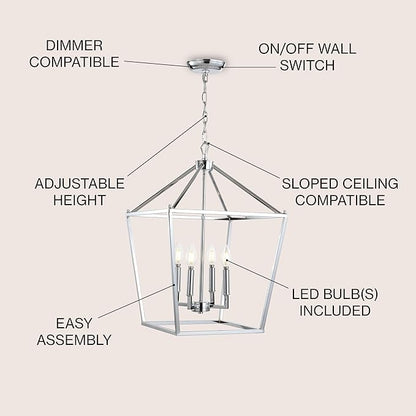 JONATHAN Y 16" Chrome Lantern Pendant Light, 1-Light Pagoda Style Metal Cage Farmhouse Hanging Ceiling Fixture for Kitchen Island, LED Bulb Included (JYL7437C)