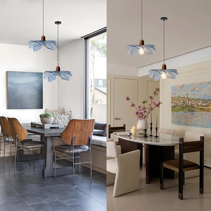 Mid Century Blue Glass Hanging Light Solid Wood Pendant Light Kitchen Island Flower Chandelier Adjustable Hanging Light for Kitchen Island Dining Room Hallway