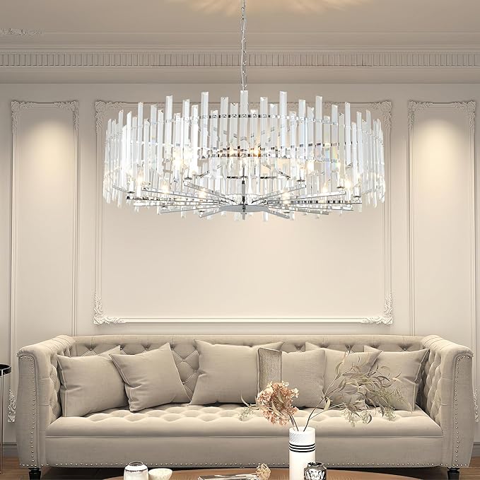 Modern Crystal Chandelier Chrome, 39.4" Large Round Dining Room Chandelier Luxury Top K9 Hanging Pendant Light Fixture for Living Room Bedroom Entryway