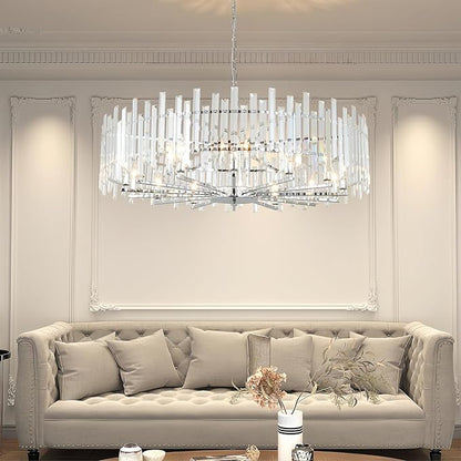 Modern Crystal Chandelier Chrome, 39.4" Large Round Dining Room Chandelier Luxury Top K9 Hanging Pendant Light Fixture for Living Room Bedroom Entryway