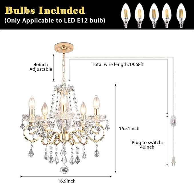 DIMMABLE Plug in Crystal Chandelier 5 Light (BULBS INCLUDED), Champaign Gold Hanging Pendant Light Fixture with 19.68ft Long Cord, K9 Crystal Ceiling for Dining Room, Living Room, Entryway, Kitchen