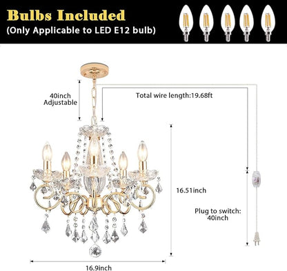 DIMMABLE Plug in Crystal Chandelier 5 Light (BULBS INCLUDED), Champaign Gold Hanging Pendant Light Fixture with 19.68ft Long Cord, K9 Crystal Ceiling for Dining Room, Living Room, Entryway, Kitchen