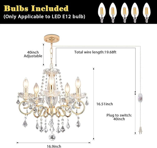 DIMMABLE Plug in Crystal Chandelier 5 Light (BULBS INCLUDED), Champaign Gold Hanging Pendant Light Fixture with 19.68ft Long Cord, K9 Crystal Ceiling for Dining Room, Living Room, Entryway, Kitchen