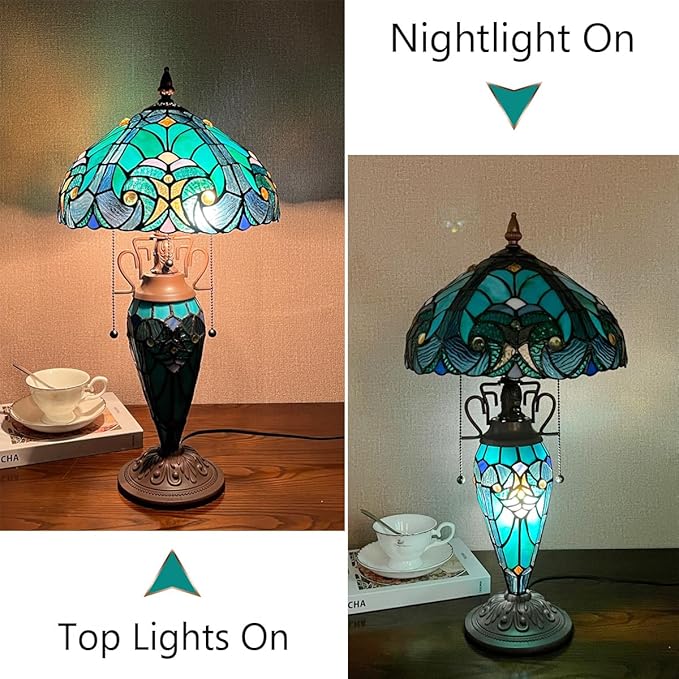 Tiffany Table Lamp with Nightlight Sea Green 3 Lights Stained Glass Desk Lamp for Reading Antique Nightstand Table Light for Living Room Bedroom Entryway