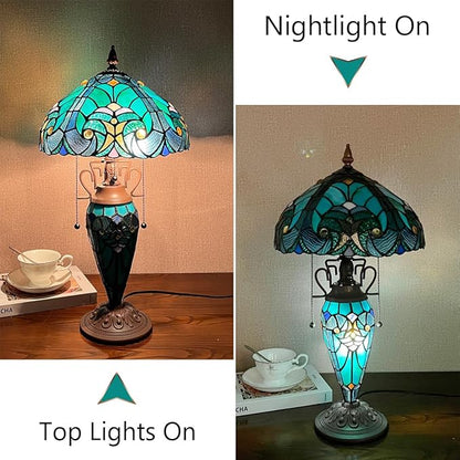 Tiffany Table Lamp with Nightlight Sea Green 3 Lights Stained Glass Desk Lamp for Reading Antique Nightstand Table Light for Living Room Bedroom Entryway