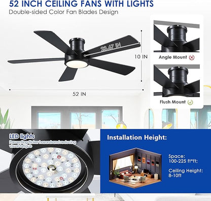 Hounberi 52 Inch Flush Mount Ceiling Fan with Lights and Remote, Modern Quiet DC Motor Low Profile Ceiling Fan for Low Ceilings, 5 Reversible Blades, 6 Speeds Dimmable, Indoor Outdoor Bedroom, Black