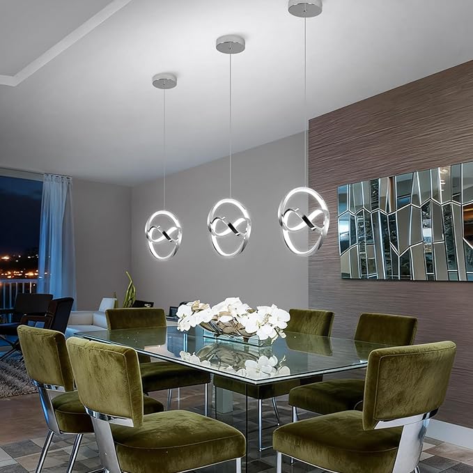 3000~6000K Modern Pendant Light Fixtures, LED Pendant Lights Kitchen Island Lighting Adjustable Height Chrome Hanging Lights for Dining Room Kitchen Bedroom, 1Pack