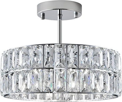 CATINER Chrome Crystal Chandeliers, Modern Semi Flush Mount Ceiling Light, Small 4-Ligh Round Crystal Hanging Pendant Light Fixtures,D12” for Dining Room Entryway Kitchen Hallway